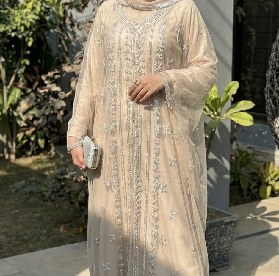 Luxury embroidered modest dress with premium finishing for export markets
